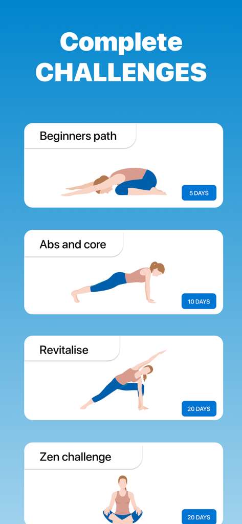 5 Minute Yoga Workouts - Una lista de desafíos de yoga que incluyen el camino del principiante y rutinas de abdominales y core