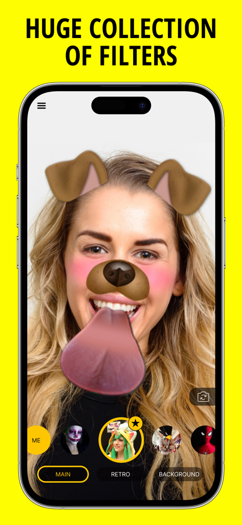 Face Effects, Filters & Emojis - 얼굴 효과 앱에서 장난스러운 강아지 얼굴 필터를 사용하는 여성