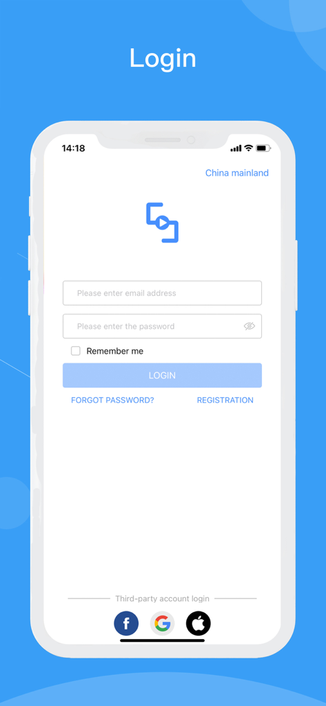 CamSC Pro - Pantalla de inicio de sesión de la aplicación de cámaras de seguridad CamSC Pro que muestra opciones de inicio de sesión por correo electrónico y terceros