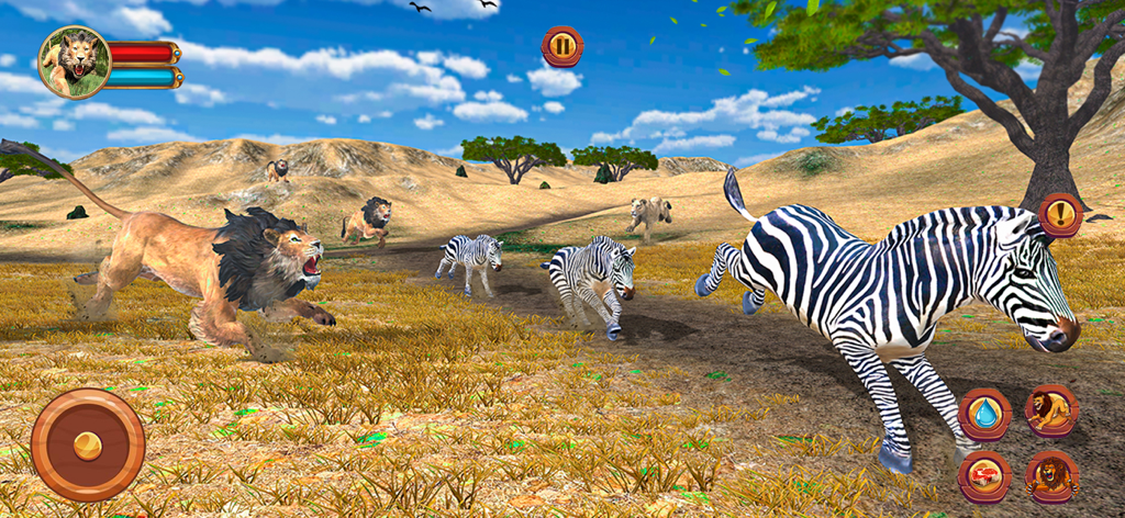 Un león en 3D persiguiendo a una cebra a través de una sabana en el juego Lion Simulator