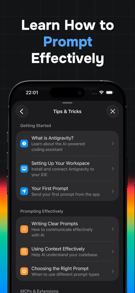 Mobile IDE for Antigravity AI - Tips and tricks screen in the Antigravity AI mobile app showing guides for effective AI prompting