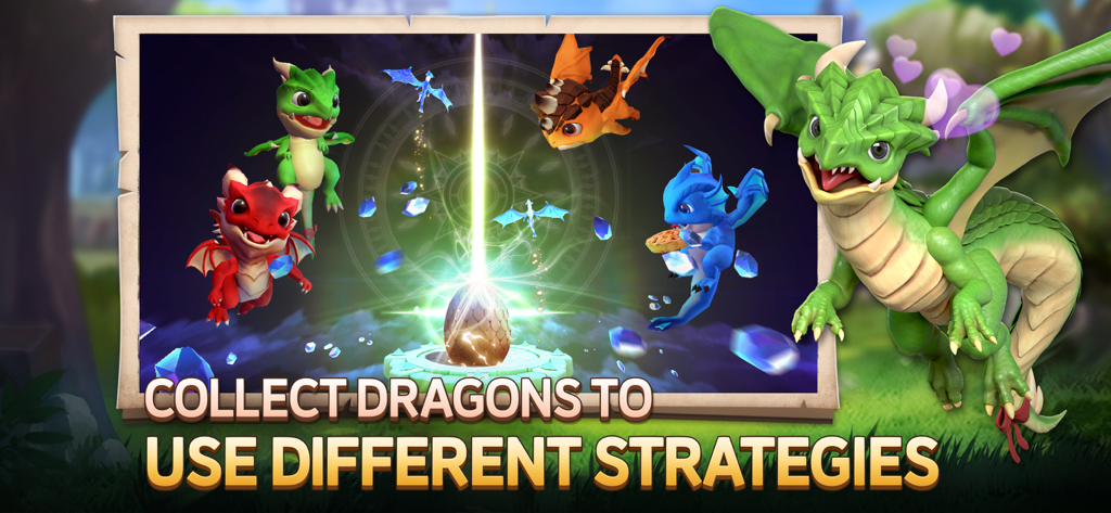 Dragon Siege: Kingdom Conquest - Coloridos dragones bebés volando alrededor de un huevo brillante en Dragon Siege Kingdom Conquest