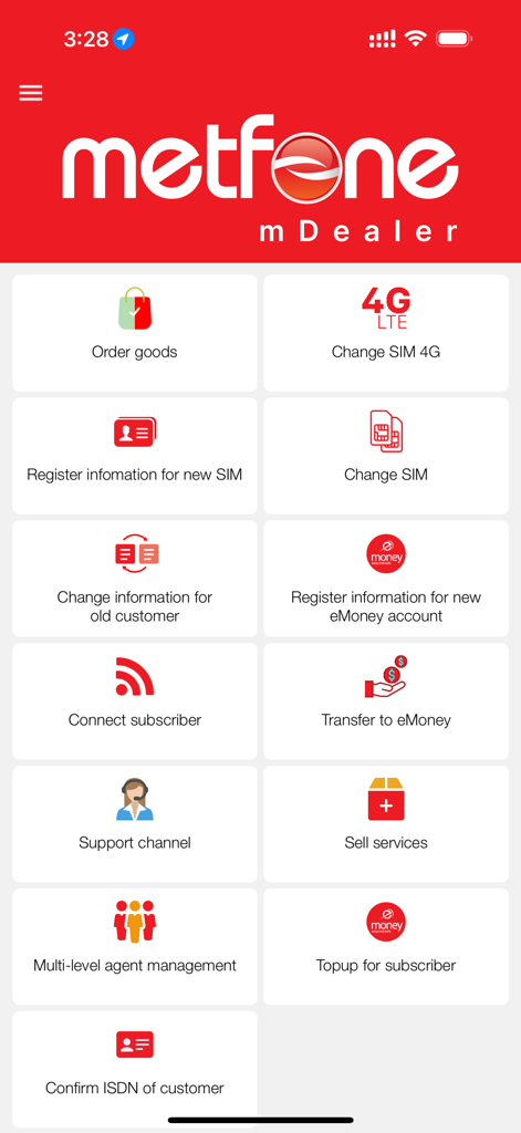 The main dashboard of the mDealer app for telecom agents showing services like SIM registration and account management.