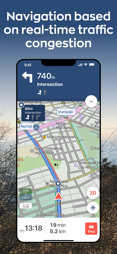 Japan Travel - Smart Transit - Japan Travel app screen showing navigation based on real-time traffic congestion with a detailed city map