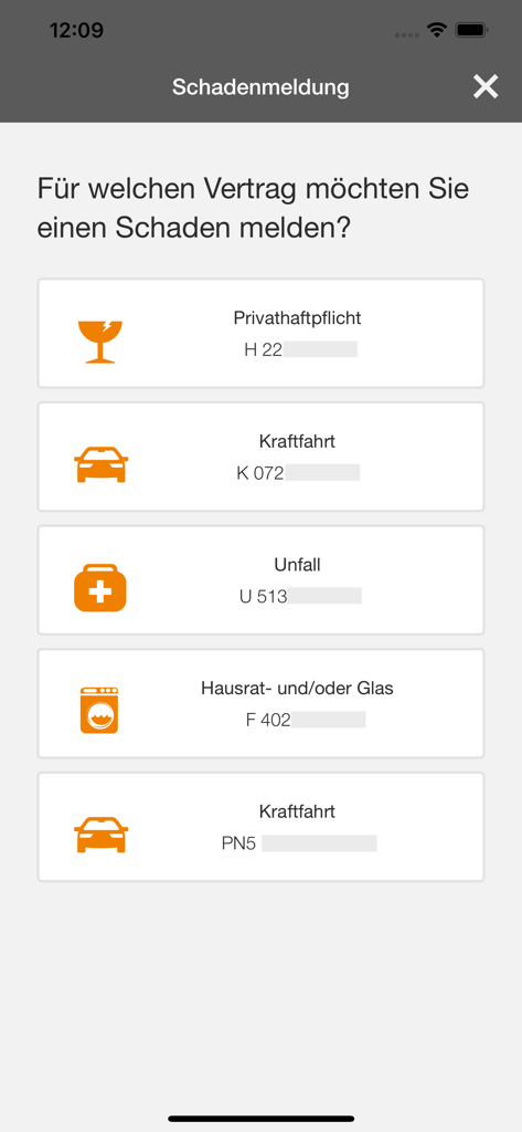VHV Kundenportal - Interface of the VHV insurance app showing categories for reporting a claim