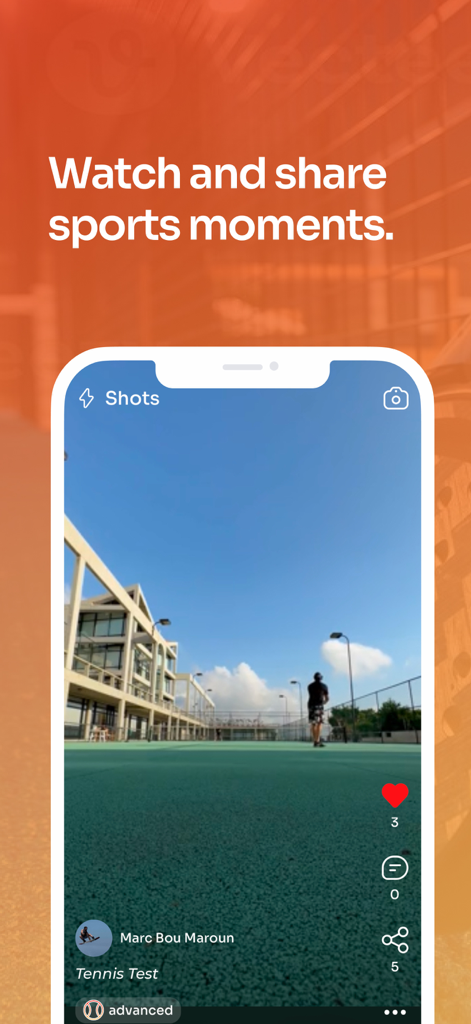 Sportciety - Écran de smartphone montrant la fonctionnalité Shots de l'application Sportciety pour partager des vidéos athlétiques.