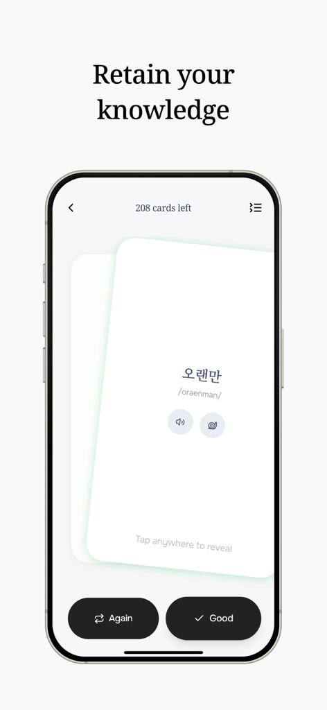 Tenmin - Language Learning - Un'interfaccia mobile per l'app di apprendimento delle lingue Tenmin che mostra una flashcard coreana con pulsanti per Ripeti e Bene per lo studio della ripetizione dilazionata.