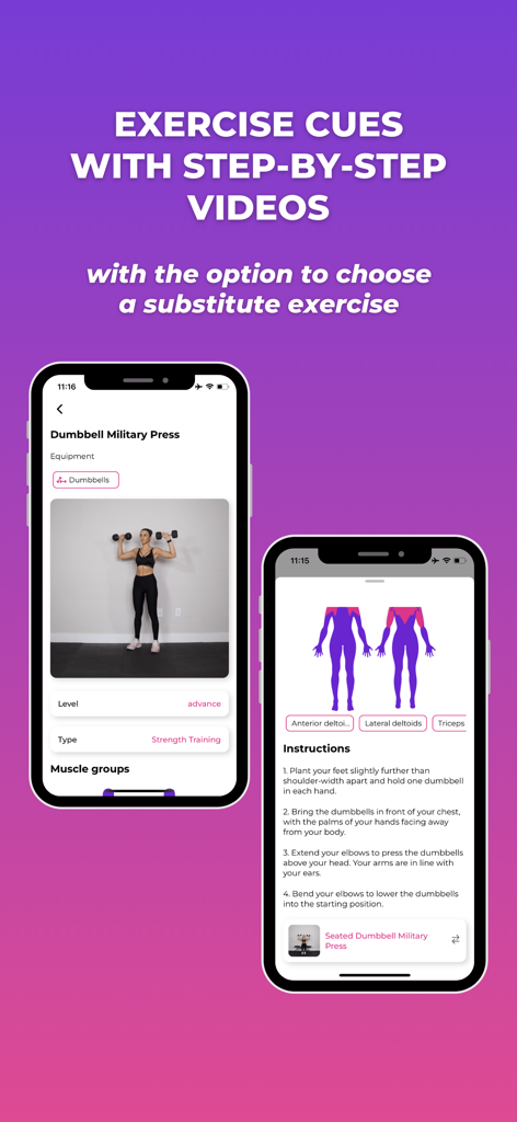GetStronger: Fitness for Women - Dos pantallas de teléfonos móviles que muestran una demostración en video de press militar con mancuernas e instrucciones detalladas paso a paso con diagramas de grupos musculares objetivo.