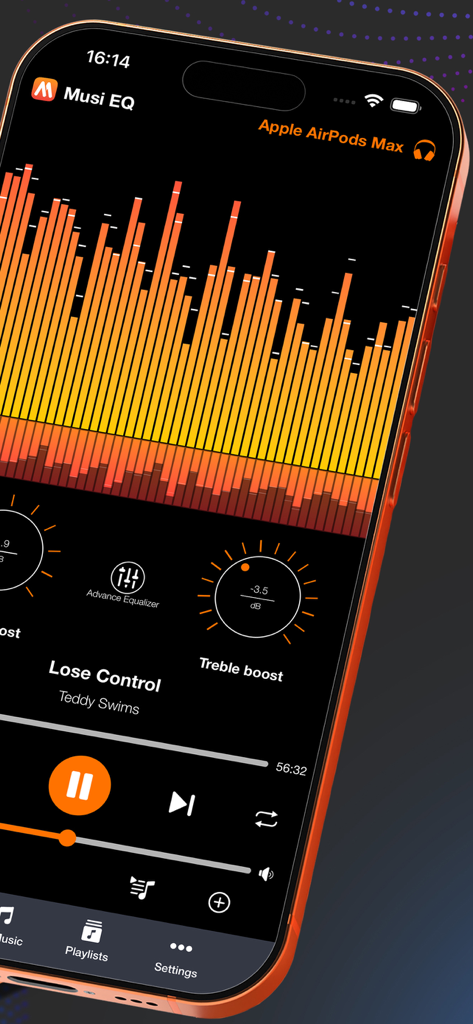 Musi EQ Player - Auto Music EQ - Musi EQ Player music app interface showing a vibrant orange audio visualizer and treble boost settings on an iPhone.