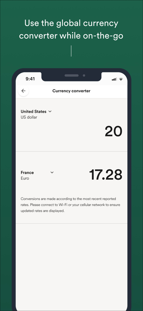 EF Go Ahead Tours - Screenshot of the EF Go Ahead Tours app showing a global currency converter interface with USD to Euro conversion