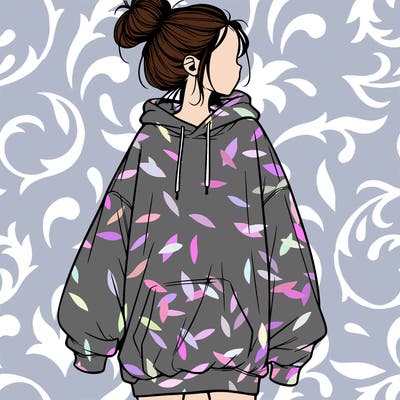 realistic girl with a oversized sweatshirt on and a bun
