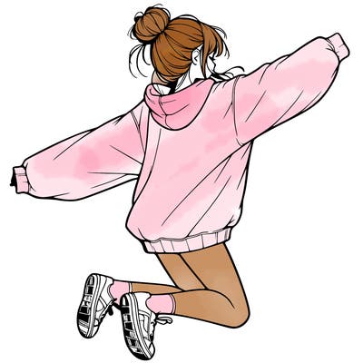 realistic girl jumping with a bun and oversized sweatshirt