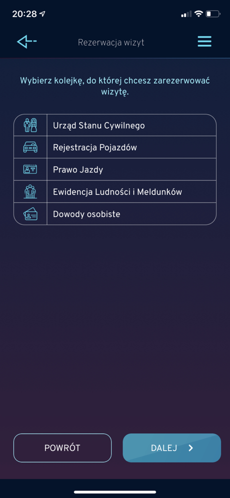 Gdynia.pl - Menu for booking municipal appointments in the Gdynia city app.