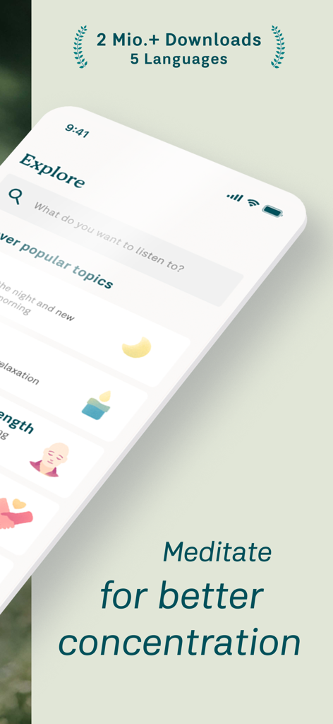7Mind Mindfulness & Meditation - 7Mind app interface displaying the explore section and the text Meditate for better concentration.