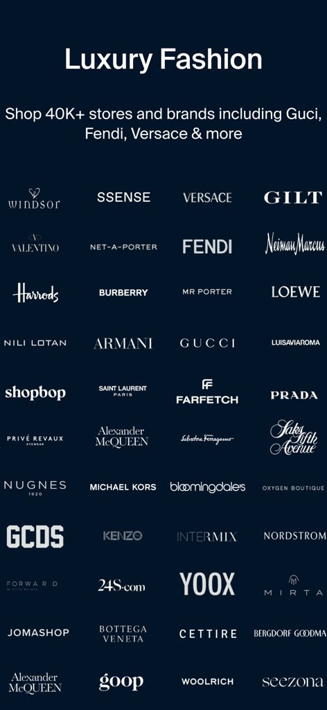 A grid of luxury fashion brand logos including Gucci, Fendi, and Versace available through the ModeSens app.