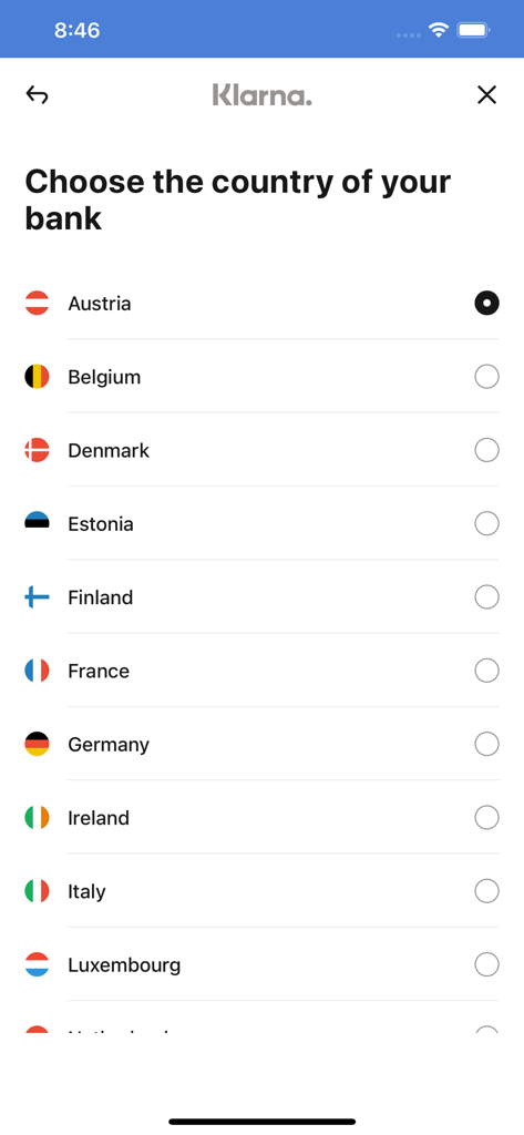 Spendle app interface for selecting a bank's country from a list of European nations including Austria and Belgium.