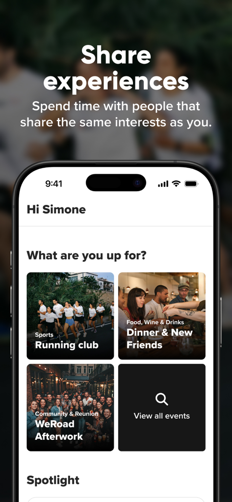 WeMeet app home screen displaying curated social events like running clubs and dinners for the community
