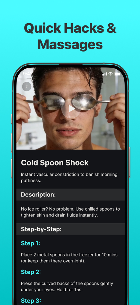 UNBLOAT AI: Debloat & Depuff - Screenshot of the UNBLOAT AI app showing a cold spoon de-puffing routine for morning puffiness