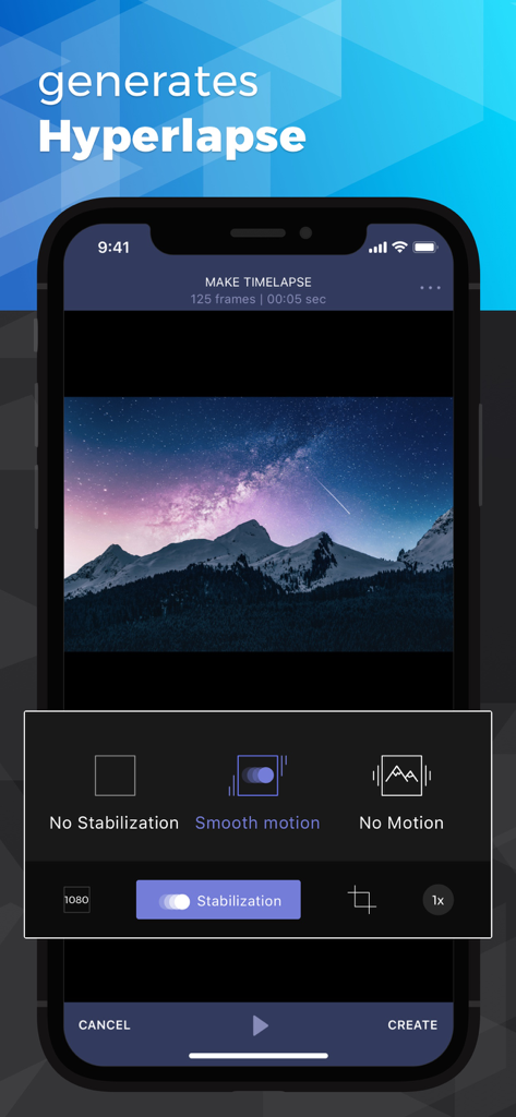 Sync for DJI: Go Mobile First - Interfaz de la aplicación Sync for DJI que muestra funciones de generación de hyperlapse con opciones de estabilización y movimiento suave.