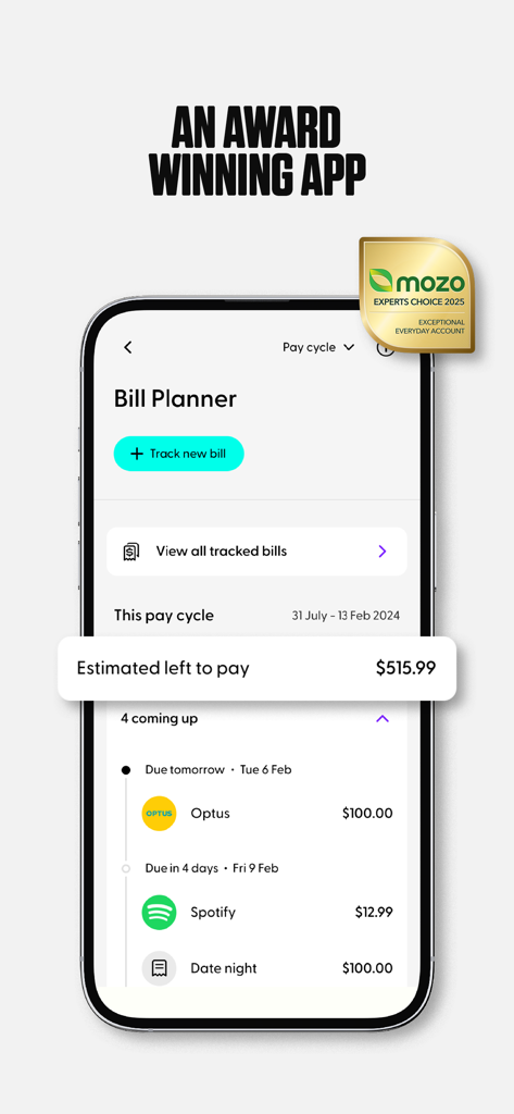 Ubank app Bill Planner screen showing upcoming bills and award badge