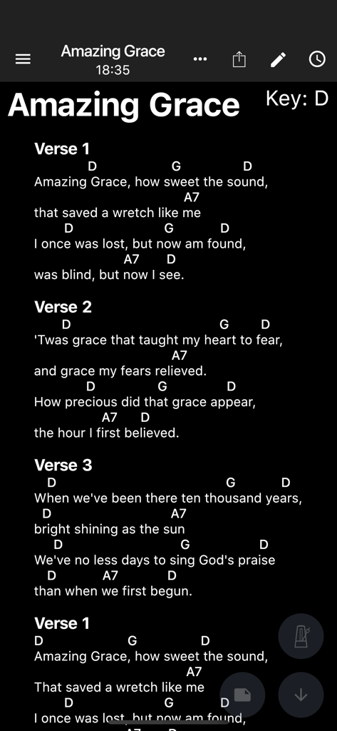 SongbookPro - Digital Songbook - SongbookProモバイルアプリのインターフェイスに、ダークモードで「Amazing Grace」のコードと歌詞が表示されています