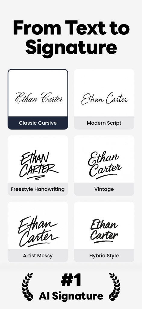 Eine Darstellung von sechs verschiedenen KI-generierten Signaturstilen für den Namen Ethan Carter, einschließlich klassischer Kursivschrift und moderner Schrift.