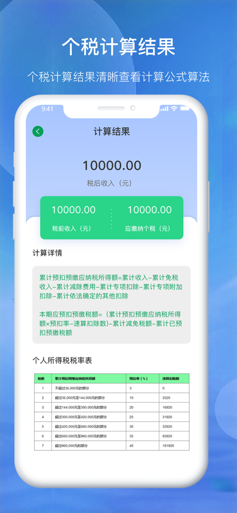 Screenshot of the calculation result screen from a Chinese personal income tax calculator app