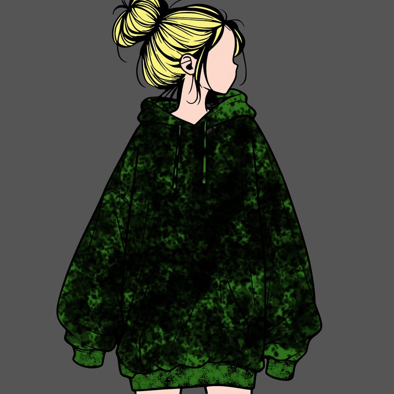 realistic girl with a oversized sweatshirt on and a bun