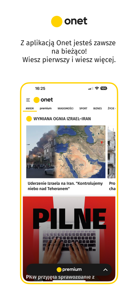 Onet - wiadomości - Mobile interface of the Onet news app featuring breaking news and articles in Polish.