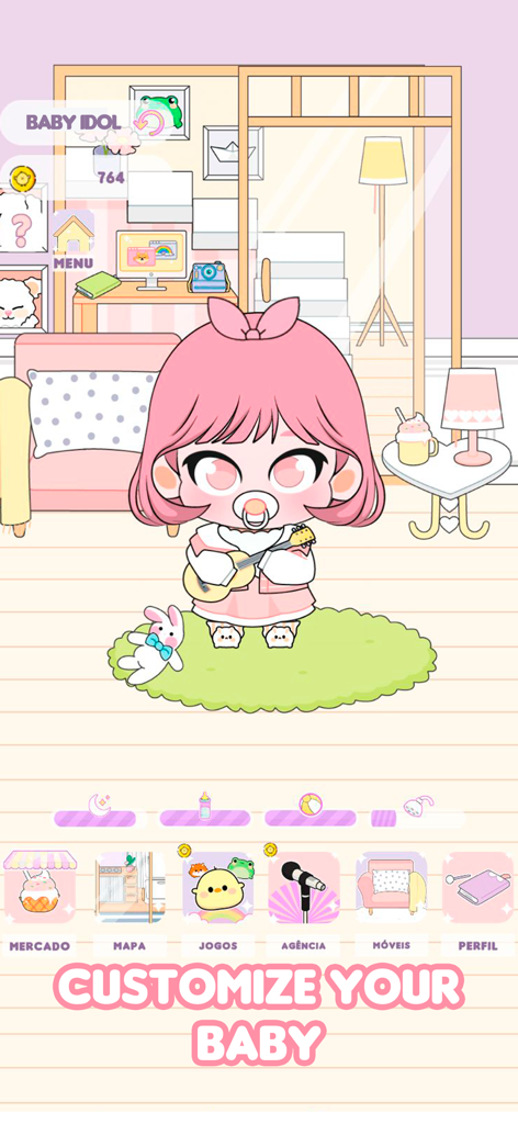 Baby Idol Care & Dress Up - A cute pink haired baby idol character holding a ukulele in a customizable room with various game menus