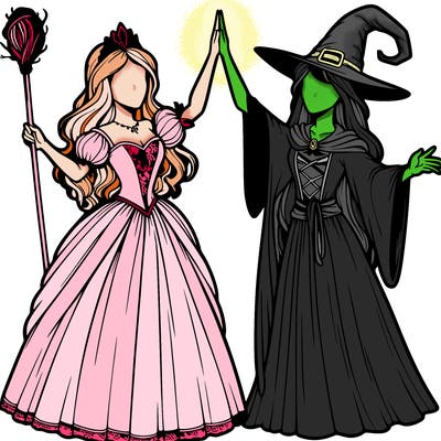 detailed realistic split of a princess and a witch
