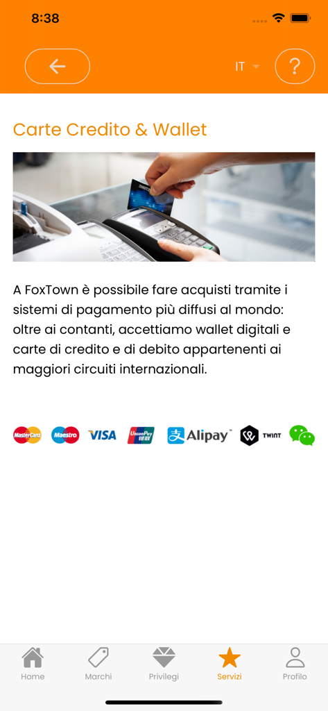 FoxPrivilege - The FoxPrivilege app interface displaying accepted international credit cards and digital wallet payment methods like Alipay and WeChat Pay for shopping at FoxTown.