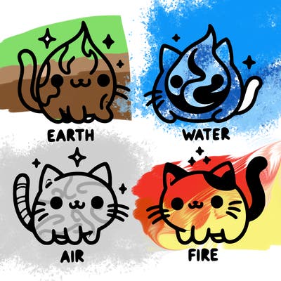 4 cats that represent the different elements, earth, water, air, and fire