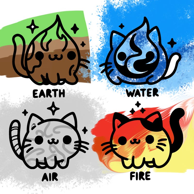 4 cats that represent the different elements, earth, water, air, and fire