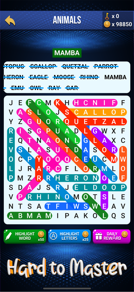 Wow Search: Classic Words Game - A colorful word search puzzle grid with animal names highlighted in various colors on a blue background
