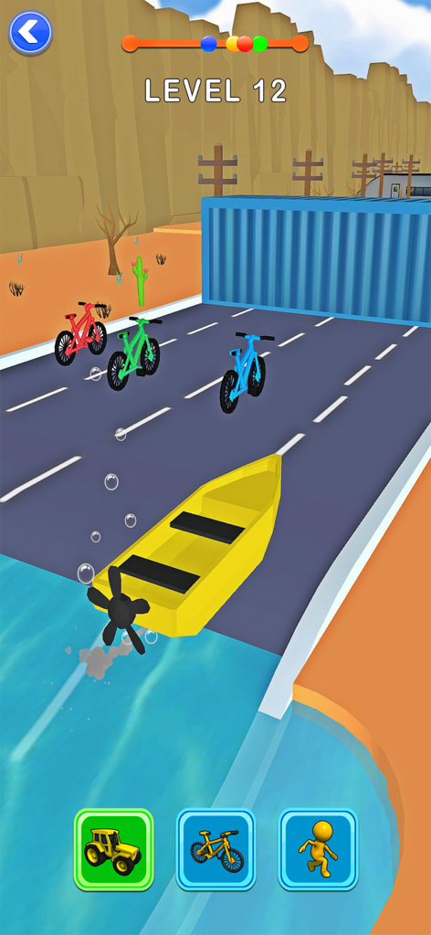 Shape Shifter: Games Car Shift - Gameplay of Shape Shifter showing a yellow boat on a track with transformation options for a tractor bike and stickman