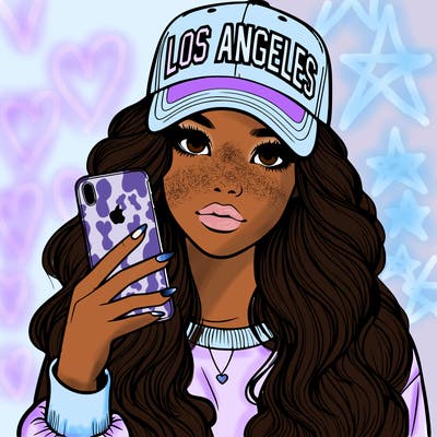 realistic beautiful girl wearing los ángeles cap holding an iphone