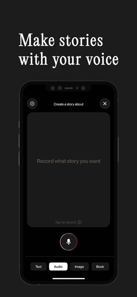 Interface do aplicativo Sleepytale mostrando a opção de gravação de voz para criar histórias personalizadas para dormir.