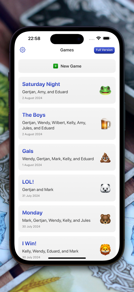 Game Score Tracker & Counter - iPhone screenshot of the Game Score Tracker app showing a list of saved game sessions with titles and player names