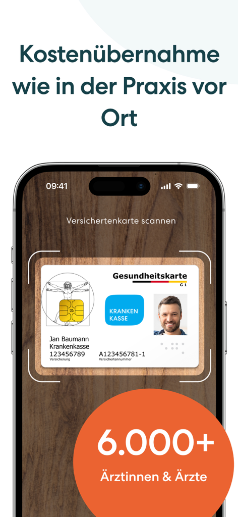TeleClinic - Online Arzt - TeleClinic app interface showing a mobile phone scanning a German health insurance card to confirm cost coverage