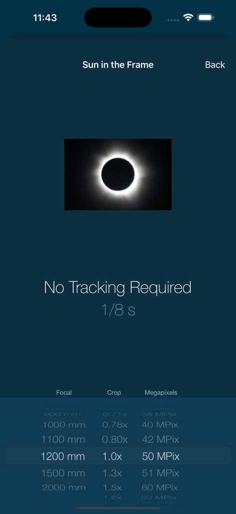 LExp - Long Exposure Calcs - LExp app screen for Sun in the Frame calculator showing solar eclipse exposure settings