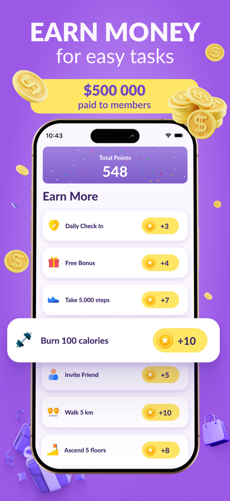 Earn Rewards: Fancy Giveaways - Interfaz de la aplicación Earn Rewards de Fancy Giveaways que muestra varias tareas diarias como caminar y quemar calorías para ganar puntos