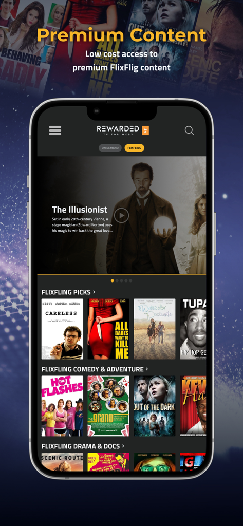 RewardedTV - It Pays to Watch! - Mobile app interface of RewardedTV featuring premium movie content from FlixFling