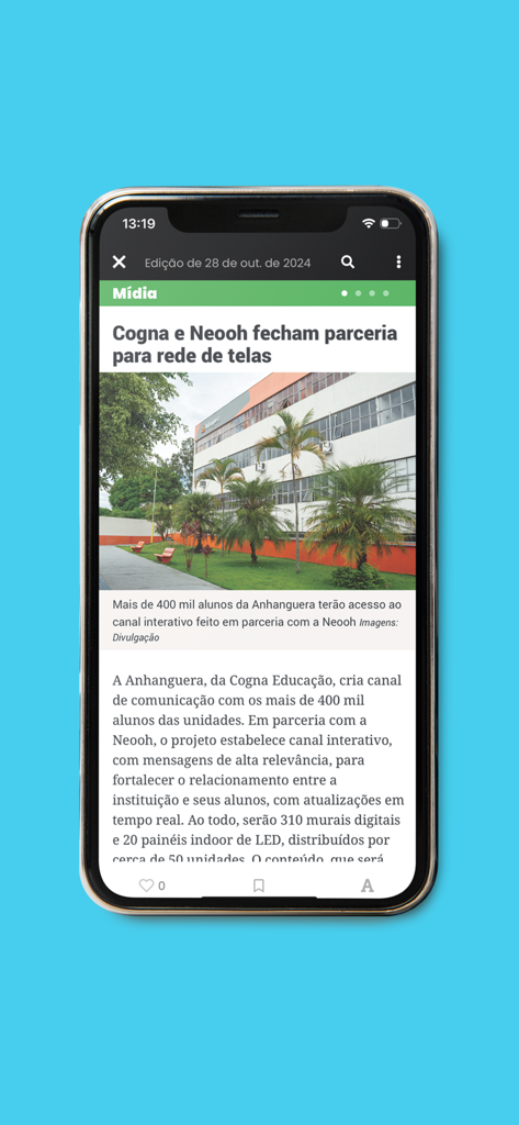 Smartphone screen displaying a news article from the Meio & Mensagem app about the Brazilian media market.