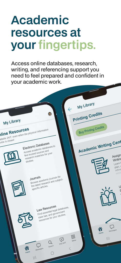 A mobile app interface for MyEmeris showing the My Library section with options for electronic databases, academic journals, and law resources.
