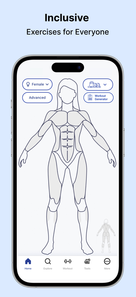 MuscleWiki app interface showing an interactive female body map for inclusive exercise selection