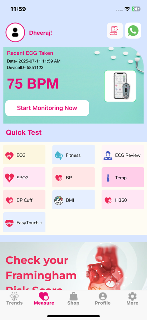 Sanket Life-ECG,Stress,Fitness - Sanket Life mobile app dashboard displaying heart rate monitoring and health metrics