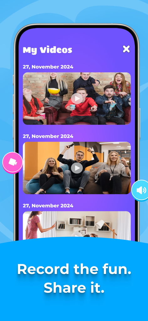 A screen from the Charades app titled My Videos showing recorded clips of friends laughing and playing together with a prompt to record and share the fun