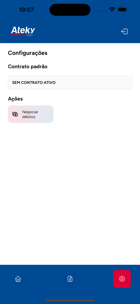 Settings screen of the Minha Ateky app showing an inactive contract status and a debt negotiation button.