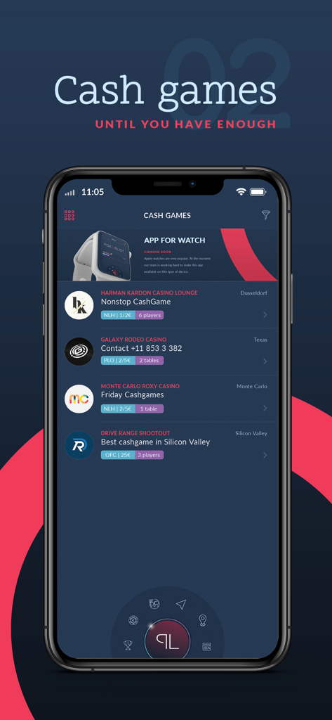 PokerList - List of poker game - Smartphone screen of PokerList app displaying a list of live poker cash games with stakes and location details